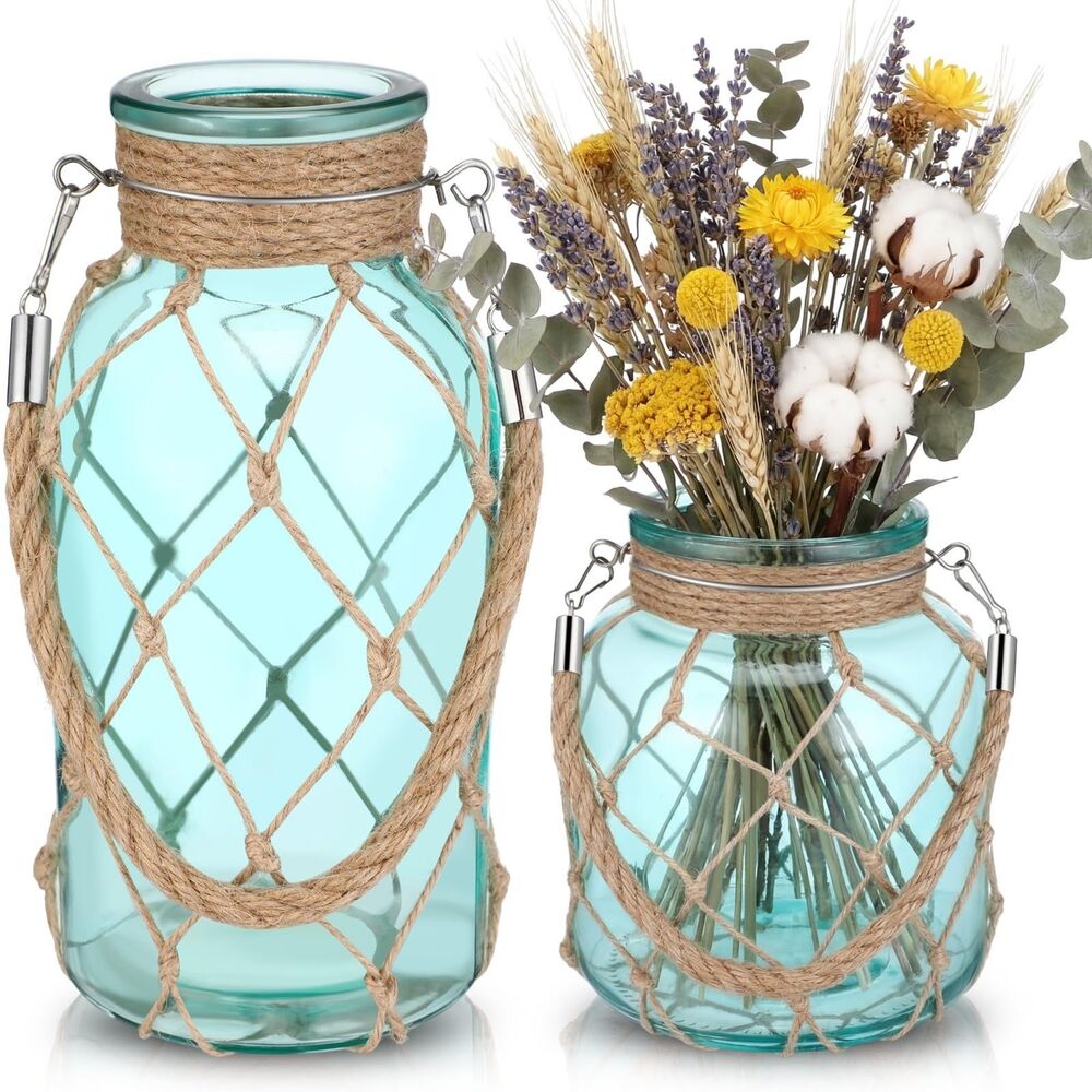 Set of 2 Coastal Vase Light Blue Dry Flower Glass Vase with Rope